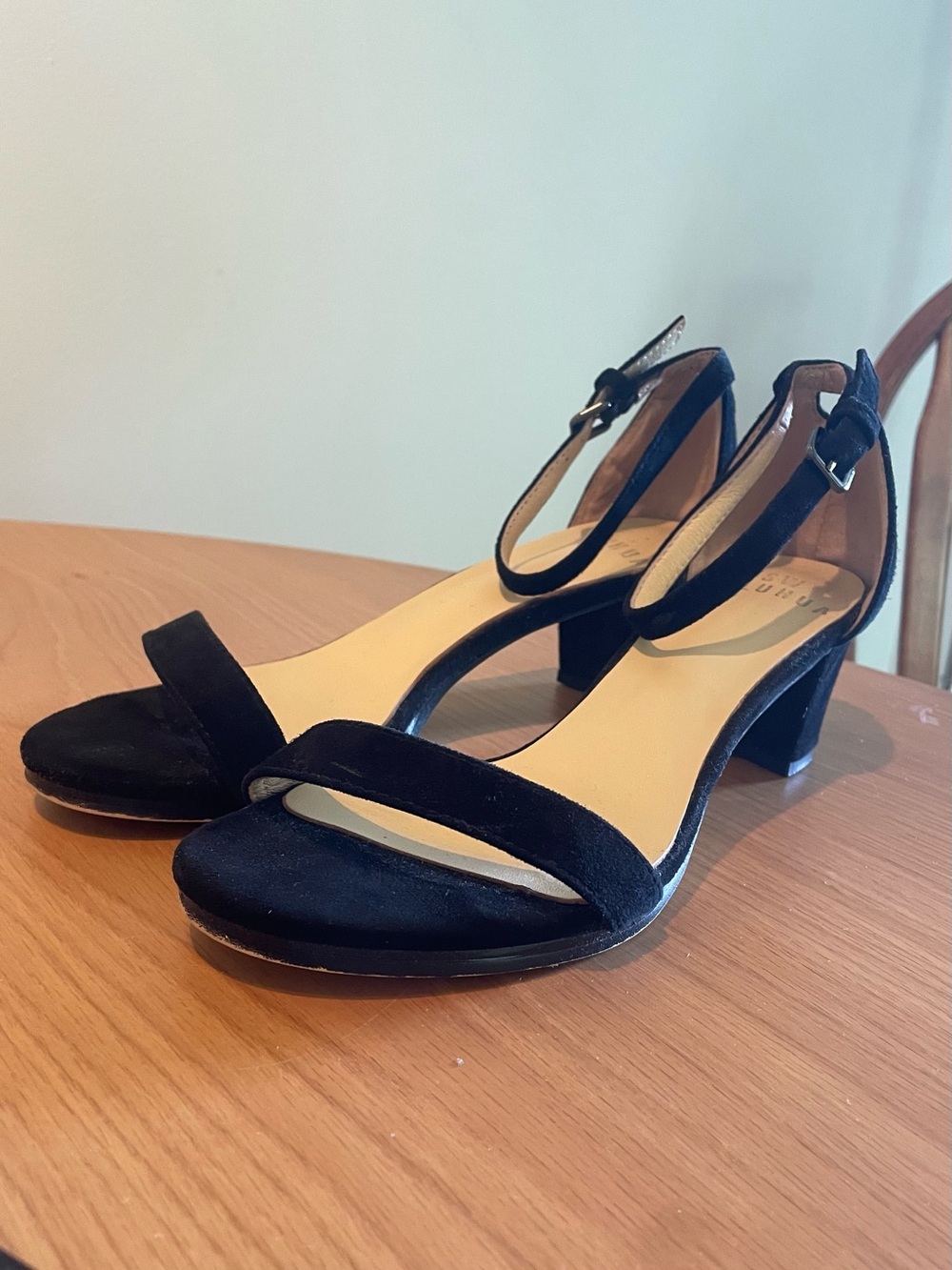 Women's Black Suede Mid Block Heel Sandals with Ankle Strap